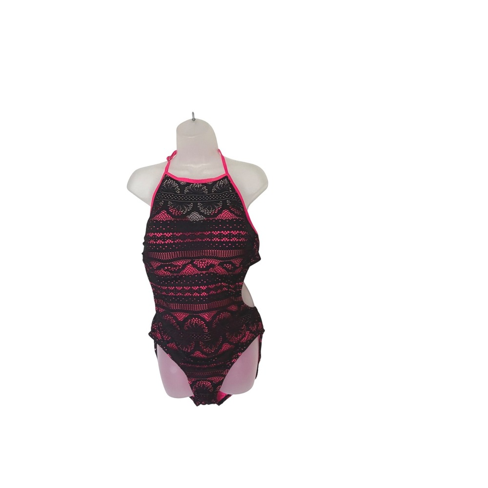 No Boundaries Womens XL Hot Pink Black Lace Crochet Cutout Monokini Swimsuit
